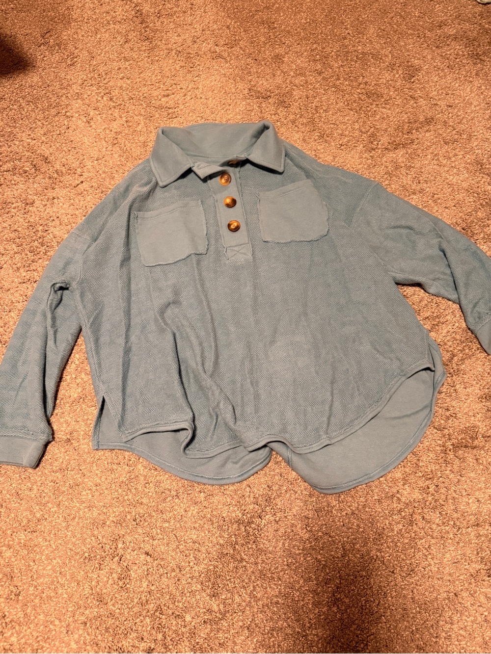 American Eagle Outfitters Light Blue Long-Sleeve Polo Top with Button Placket